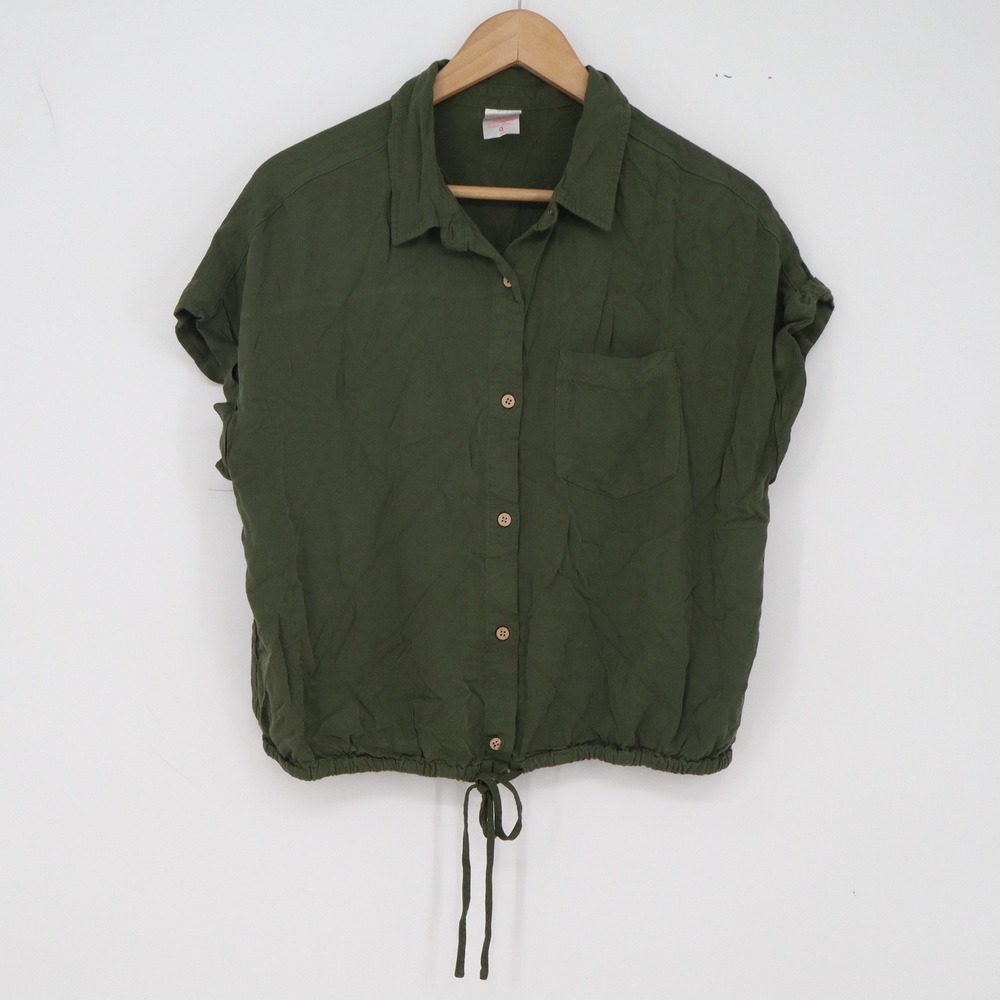 No Boundaries Button Down Junior L 11-13 Cropped Olive Green Drawstring Exc